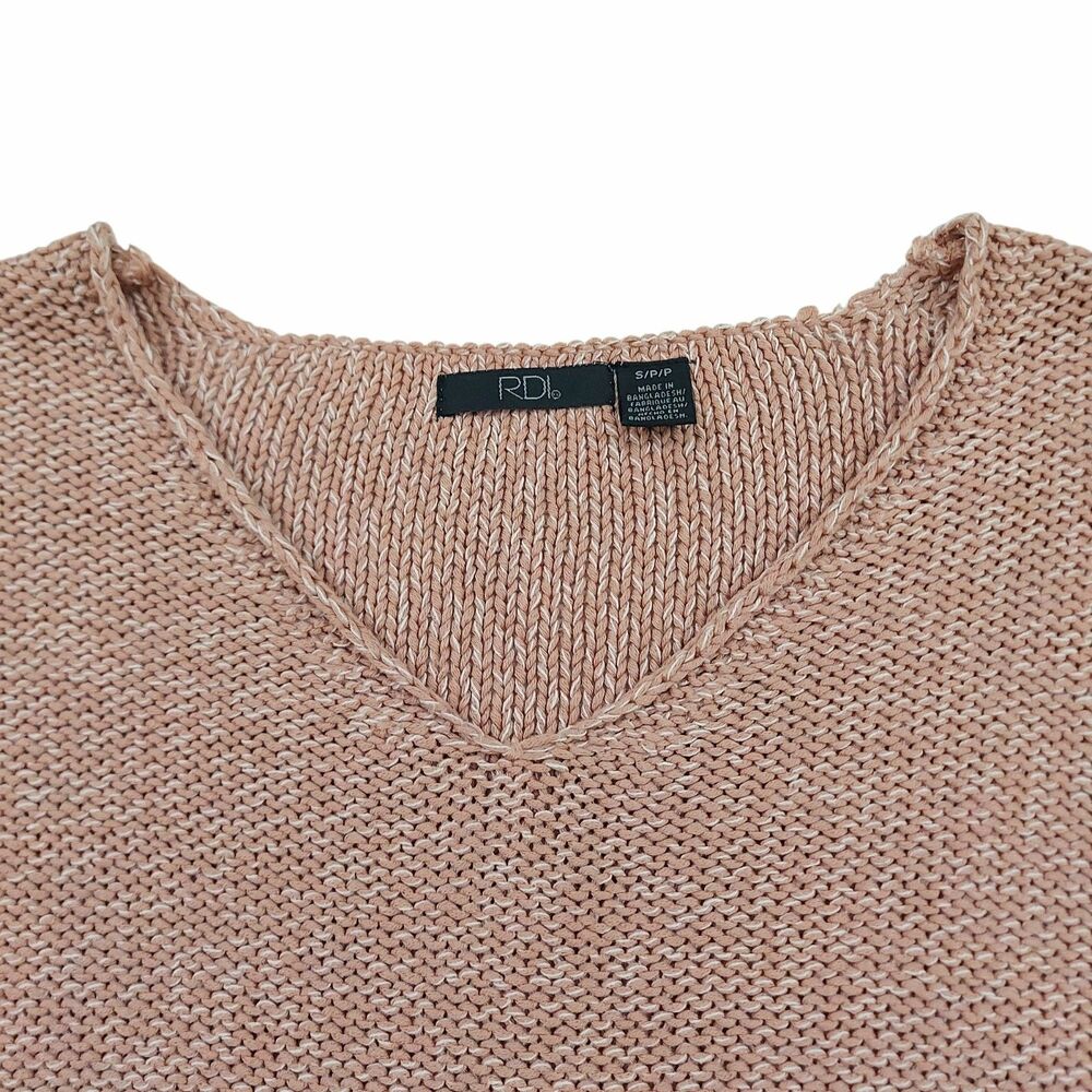 RDI Sweater Womens Small Pink Beige V-Neck Faux Suede Elbow Patch Knit Fall - Picture 3 of 11